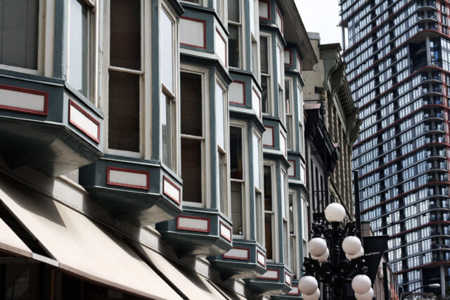 View of row of bay windows in Gastown